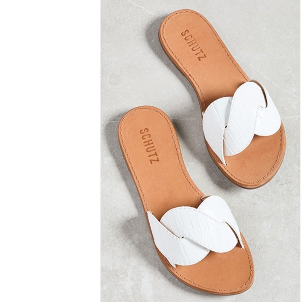 Schutz White Embossed Leather Flat Sandals Size 6 NWT
